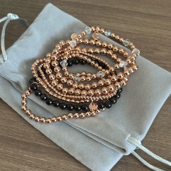 Elegant Rose Gold and Black Beaded Bracelet Set gold plated armstack set of 7 - Picture 1 of 8